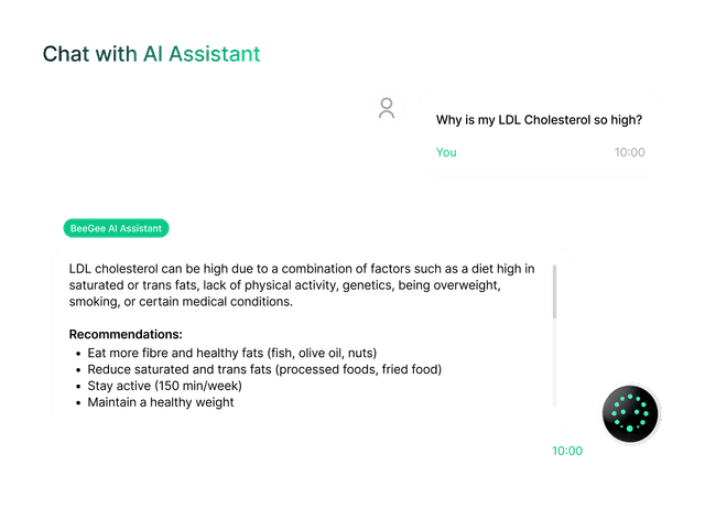 BloodGPT step 2 demonstration showing risk area identification and health insights