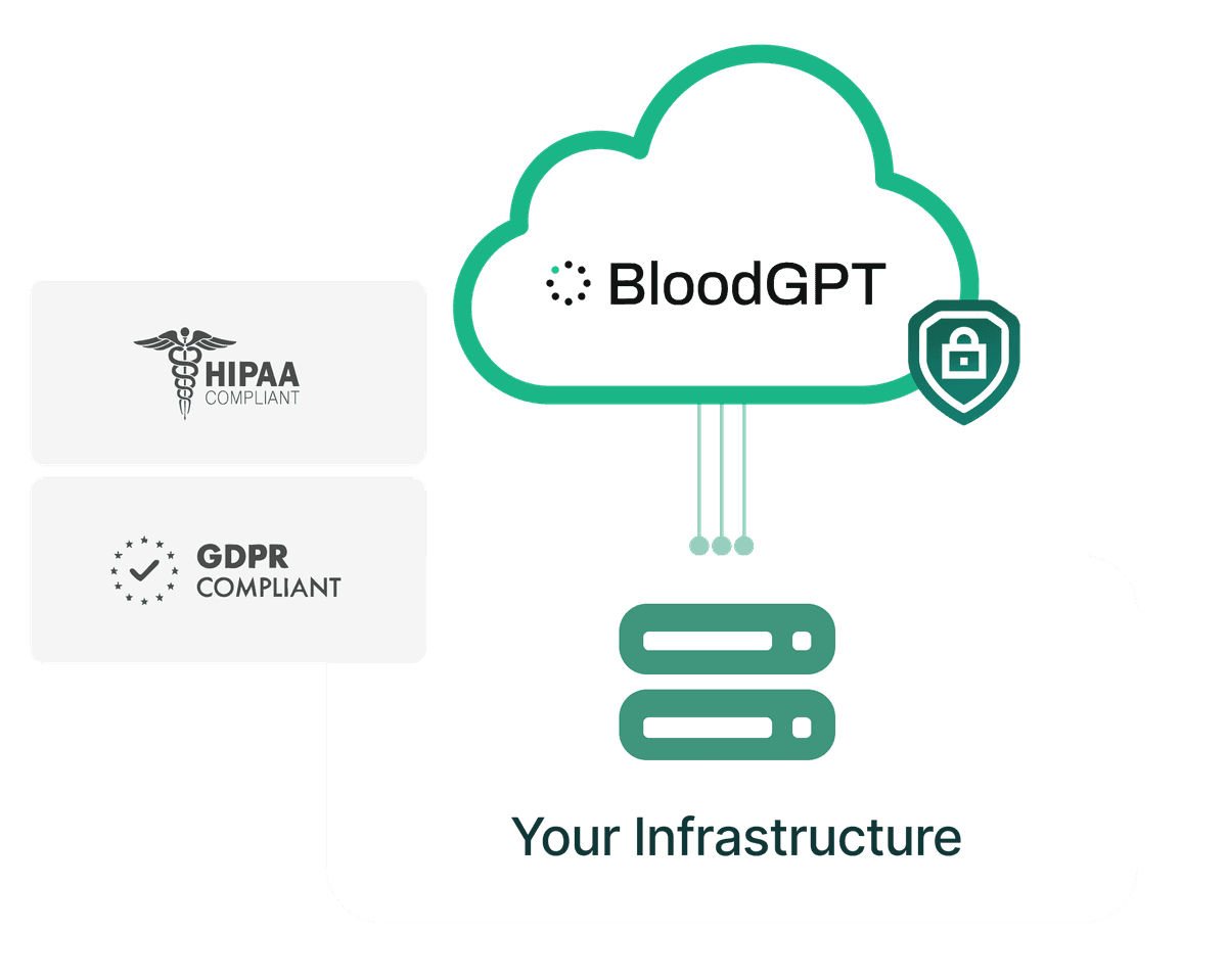 BloodGPT on-premise deployment diagram showing secure infrastructure implementation within a healthcare organization