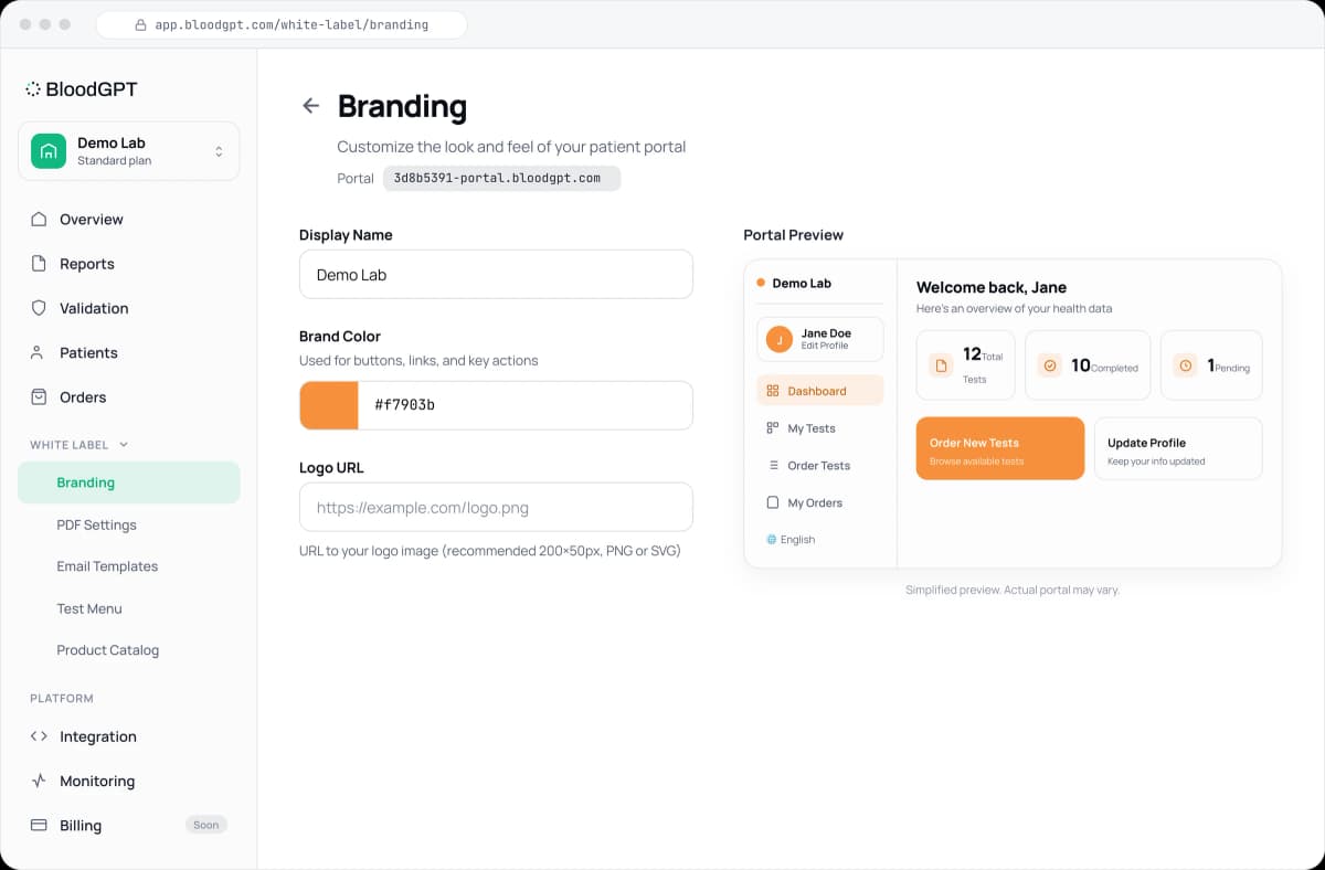 BloodGPT white-label branding console